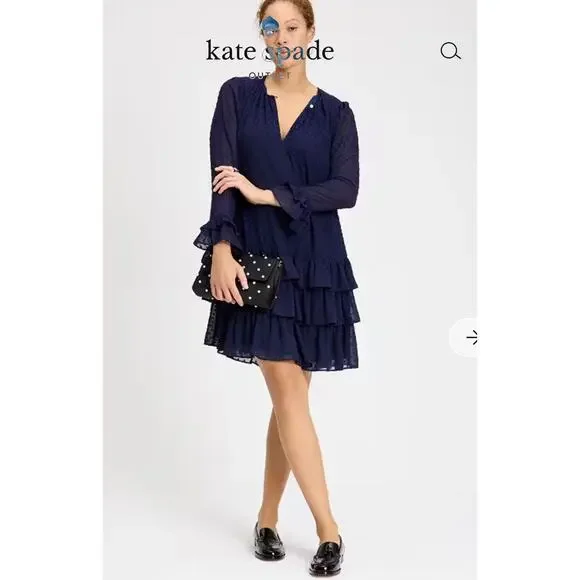 Kate Spade Breezy Dot Flounce Dress Navy Tiered Swiss Dot Ruffle Mini Small - Picture 1 of 14
